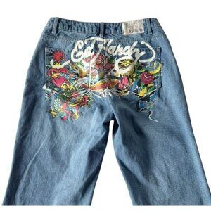 Ed Hardy Women’s Sz 30 Wide Leg Baggy Fit Tattoo Dragon Koi Snake Floral Jeans